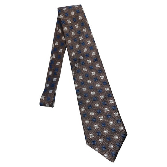 Villa Bugatti Italian‎ Silk Tie Brown Navy Silver Squares Suiting Business - Picture 1 of 5